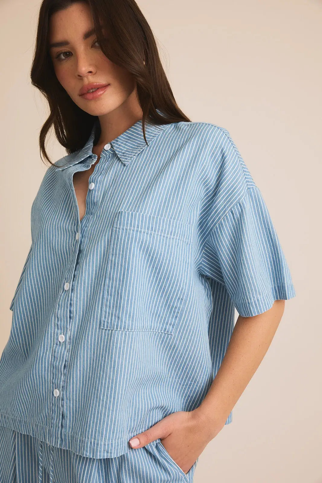 Blue and white striped short-sleeved Stripe Chambray Shirt displayed elegantly