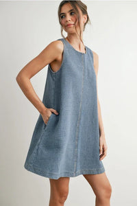Blue and white striped sleeveless denim mini dress with pockets, perfect for summer fashion