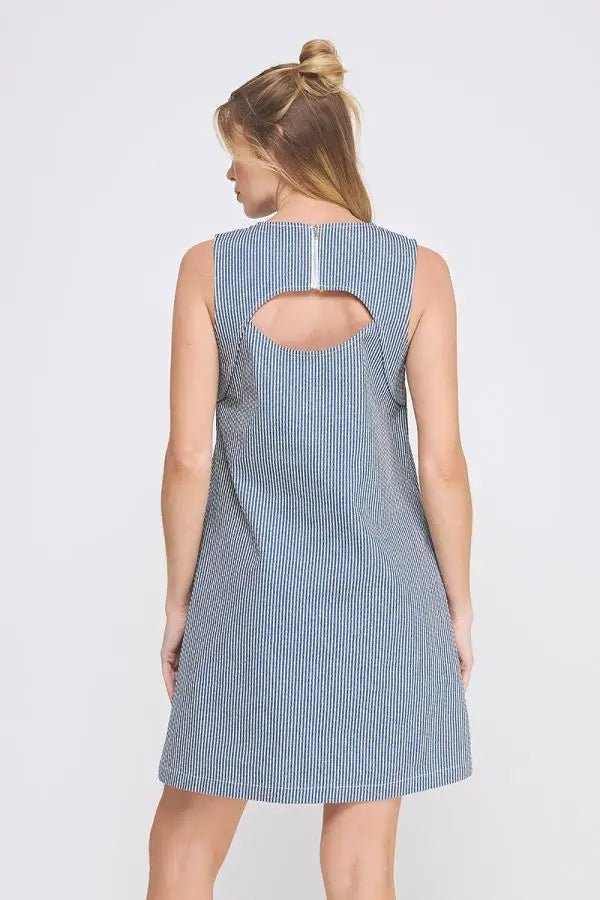 Blue and white striped mini dress with back cutout detail, perfect for summer events