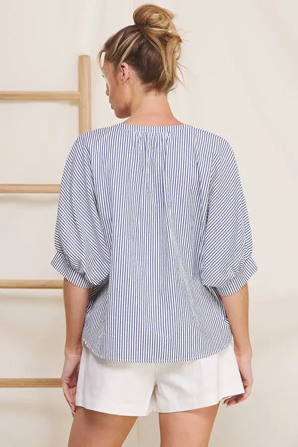 Blue and white striped Easy Pinstripe Seersucker Button Front 3/4 Dolman Blouse with puff sleeves