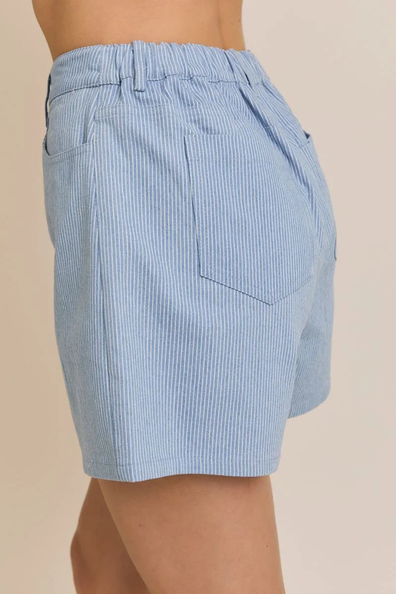 Blue and white striped shorts from Elastic Back Denim Stripe Shorts, perfect for women’s boho chic clothing from Shop Daisy