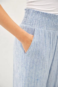 Blue and white striped linen-rayon wide leg pants with elastic waistband and pocket