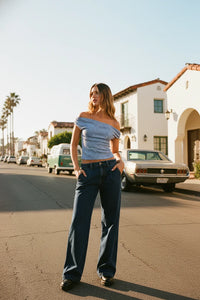 Blue and white striped off-the-shoulder top with mid rise relaxed straight trouser