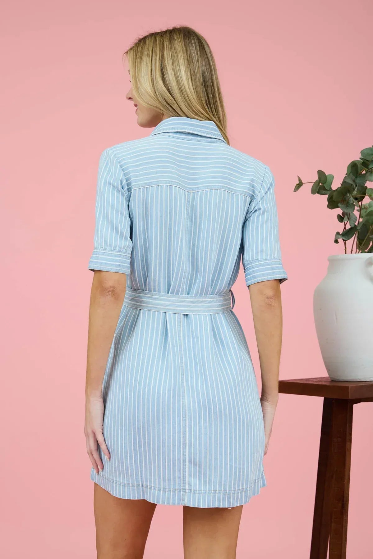 PINSTRIPE MINI SHIRT DRESS WITH HALF SLEEVES | DAISY LANE Shop Daisy Lane PINSTRIPE MINI SHIRT DRESS WITH HALF SLEEVES | DAISY LANE Shop Daisy Lane