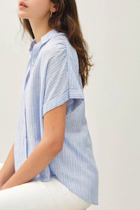 Blue and white striped shoulder shirring top from Shop Daisy, perfect for women’s boho chic clothing