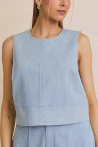 Blue and white striped sleeveless top from SLEEVELESS DENIM STRIPE TOP, perfect for women’s boho chic clothing at Shop Daisy