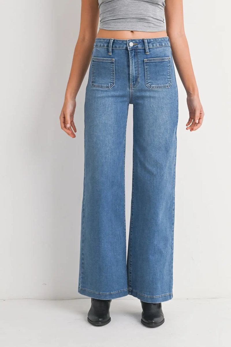 Blue wide-leg denim pants featuring a mini patch pocket in stylish pocket wide jeans