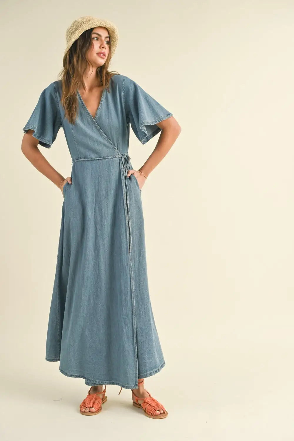 Blue washed denim wrap maxi dress with hat, stylish denim wrap maxi ensemble