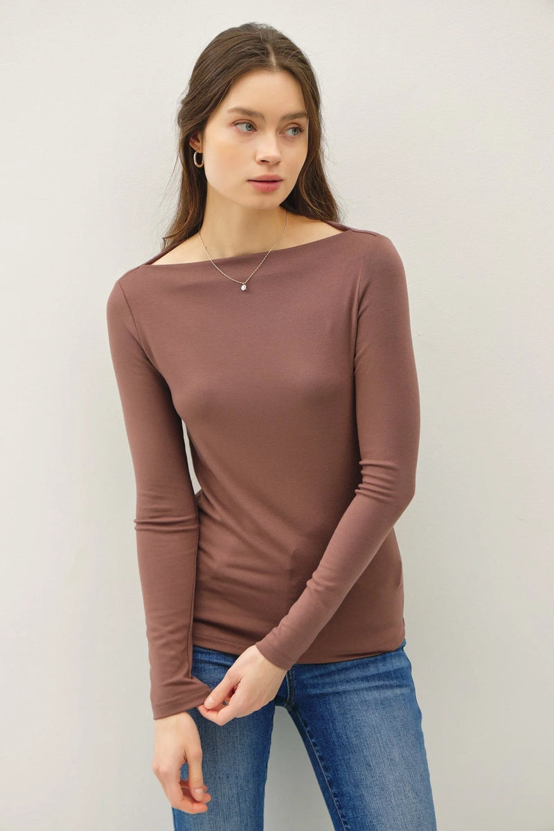 Mocha brown basic boat neck long sleeve knit top with fitted silhouette