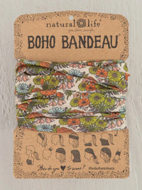 Boho bandeau headband featuring colorful floral and bird print for a flowy free spirit look