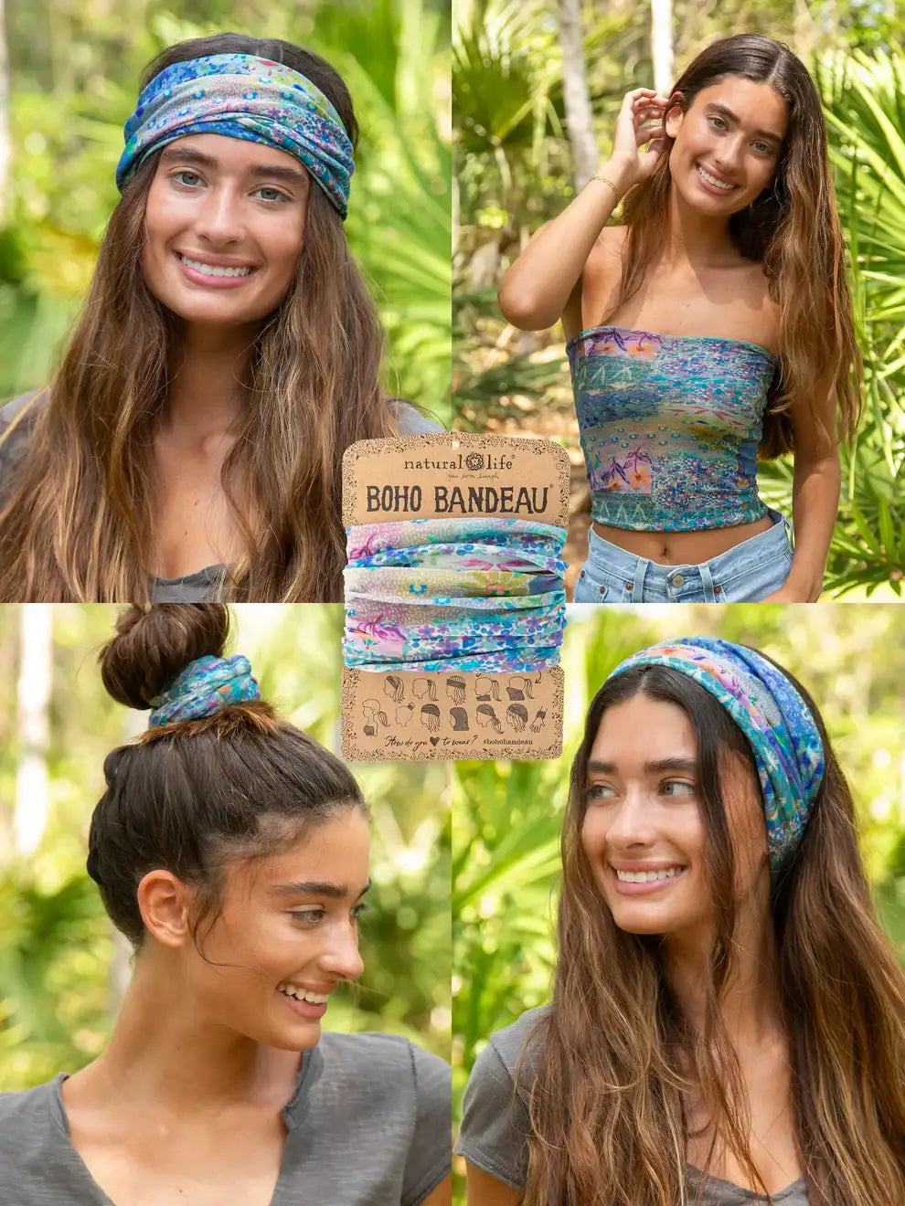 Full Boho Bandeau Headband in Blue Watercolor Patchwork showcased in women’s boho chic clothing