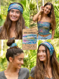 Full Boho Bandeau Headband in Blue Watercolor Patchwork showcased in women’s boho chic clothing