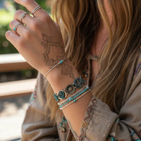 Boho turquoise beaded bracelet set with silver accents and rings from Western Boho Cactus Sunflower collection
