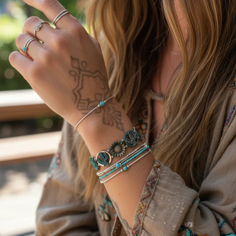 Boho turquoise beaded bracelet set with silver accents and rings from Western Boho Cactus Sunflower collection