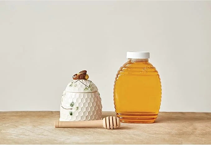 Hand painted honey jar with honey dipper and ceramic honey pot for elegant storage