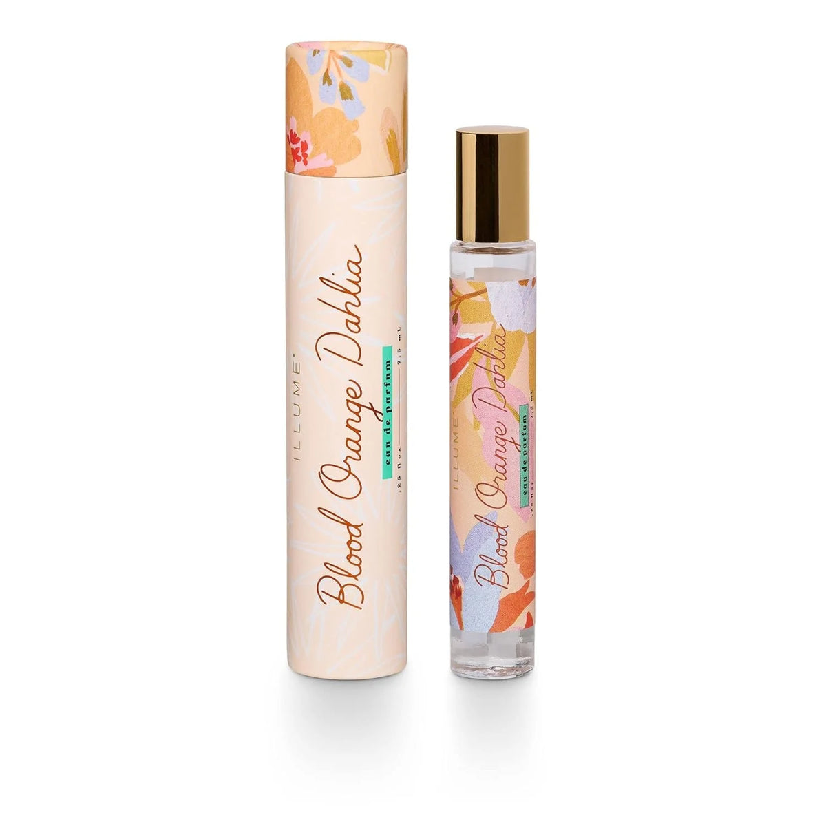 Bottle of Blood Orange Dahlia Perfume Rollerball with gold cap and white tube