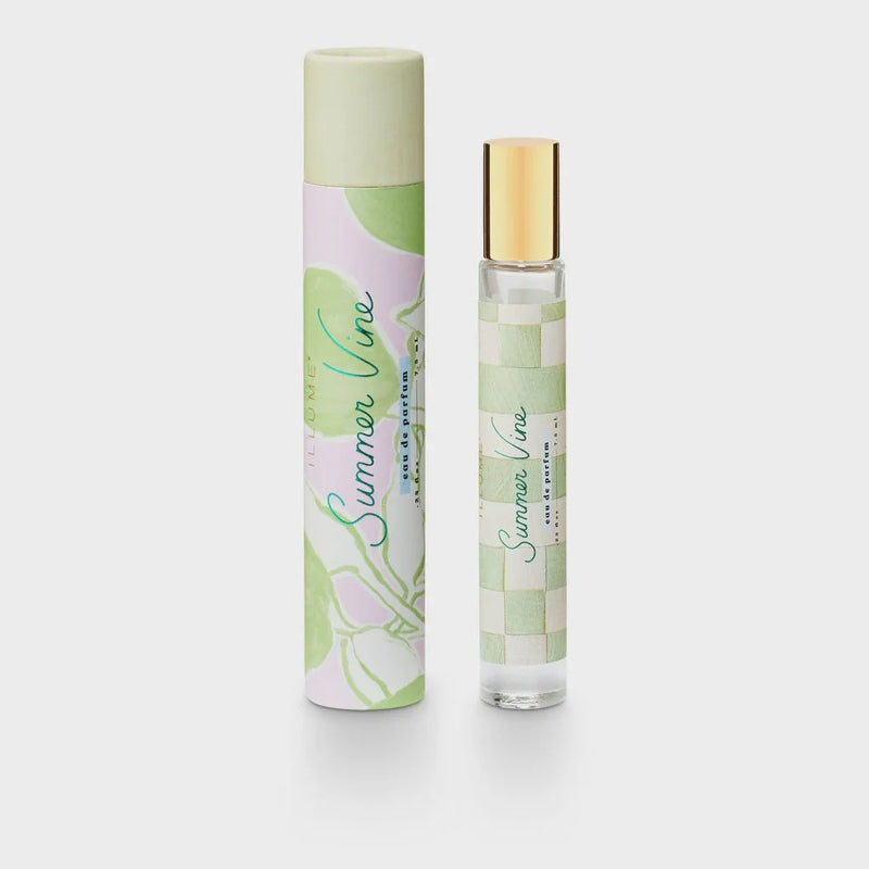 Bottle of Summer Vine Perfum Rollerball featuring an elegant green leaf design