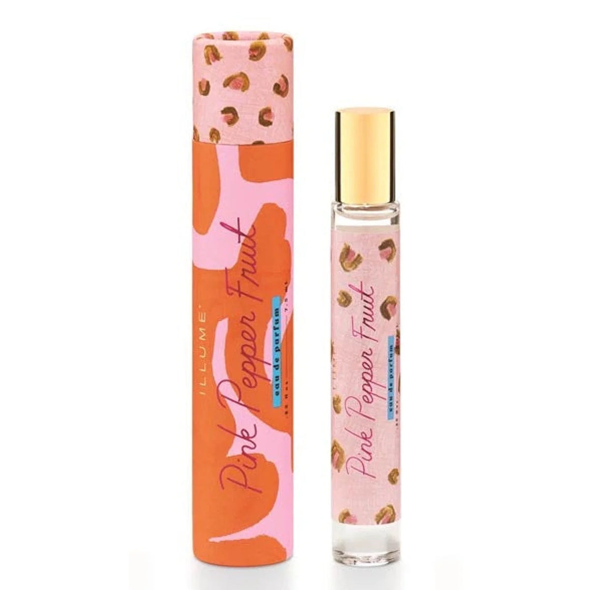 Bottle of Pink Pepper Fruit Perfume Rollerball with a pink and orange boho design