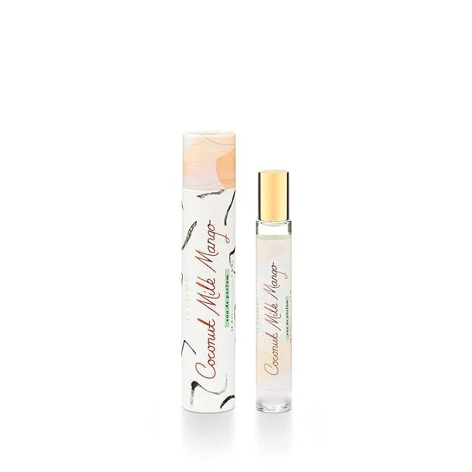 Coconut Milk Mango Perfume Rollerball on a white background, boho and flowy fragrance