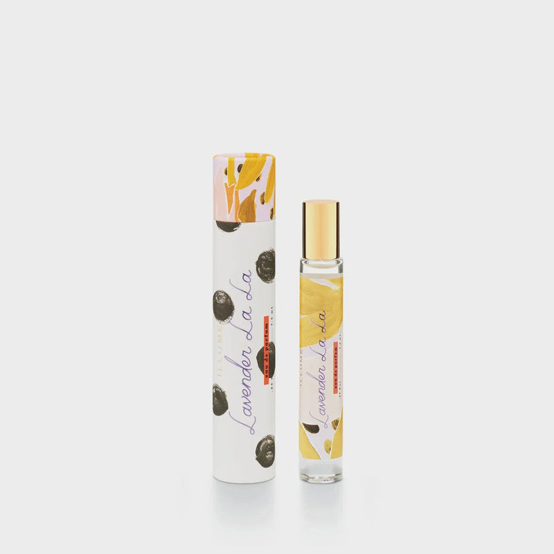 LAVENDER LA LA Perfume Rollerball with a yellow and pink flower on a white background