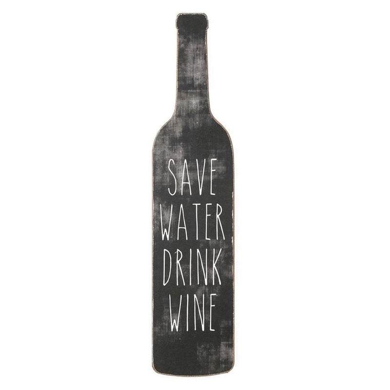 Bottle of wine featuring a Save Water Drink Wine sign, promoting sustainability