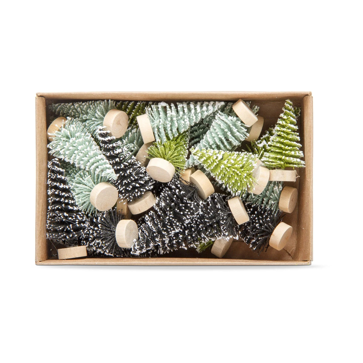 Box containing Glitter Mini Tree Set of 24 with bottle brush trees and wooden blocks