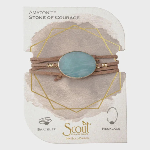 Bracelet featuring a light blue oval semi precious stone on vegan suede cord with magnetic clasp