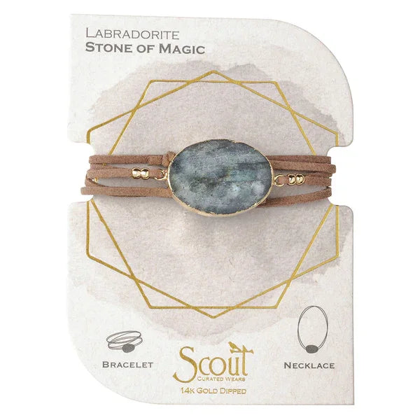 Bracelet with oval labradorite on vegan suede band and magnetic clasp in SUEDE/STONE WRAP