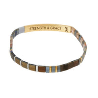 Bracelet featuring rectangular tiles and engraved message STRENGTH & GRACE in Japanese glass Miyuki