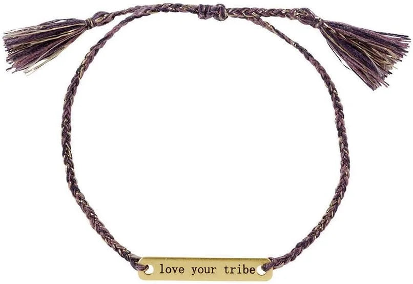 Braided bracelet with gold bar charm, love your tribe, tassels, ideal for women’s boho chic clothing