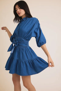 Bright blue 3/4 sleeve mini tiered shirt dress for women’s boho chic clothing