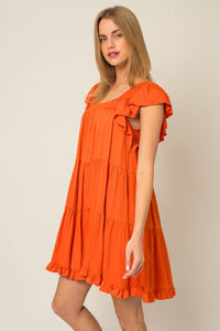 Bright orange ruffle sleeves tiered mini dress with short flutter sleeves