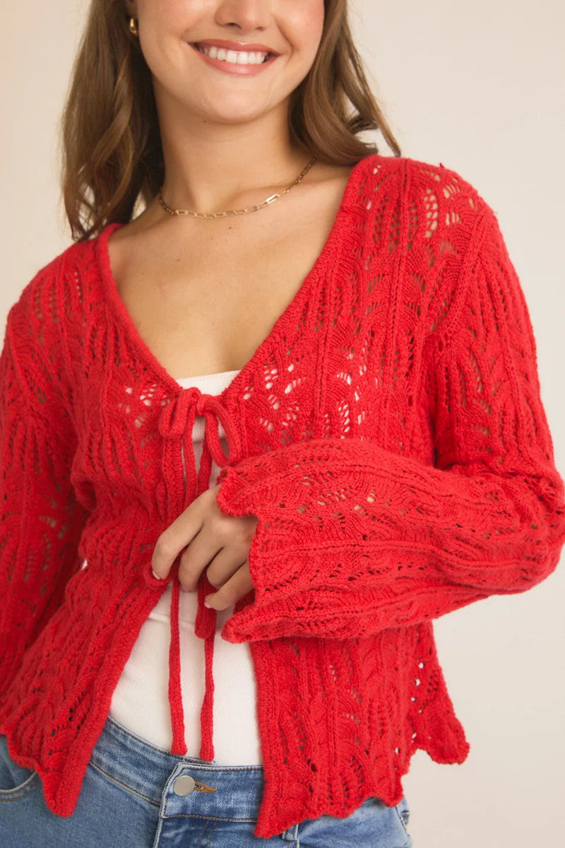 Bright red open knit cardigan with tie front and lacy detail for women’s boho chic clothing