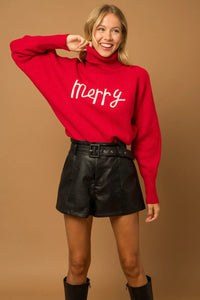 Bright red Turtle Neck Long Sleeve Merry Sweater from Shop Daisy, ideal for women’s boho chic clothing