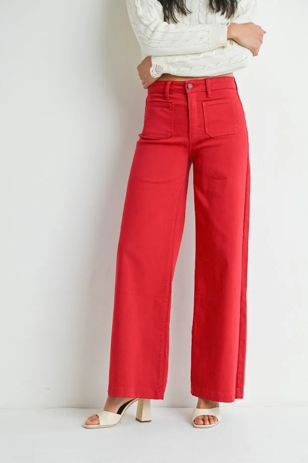 Bright red wide-leg trousers with high waist and mini patch pocket detail