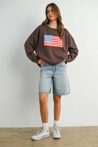 Brown American Flag Graphic Long Sleeve Crew Neck Sweatshirt