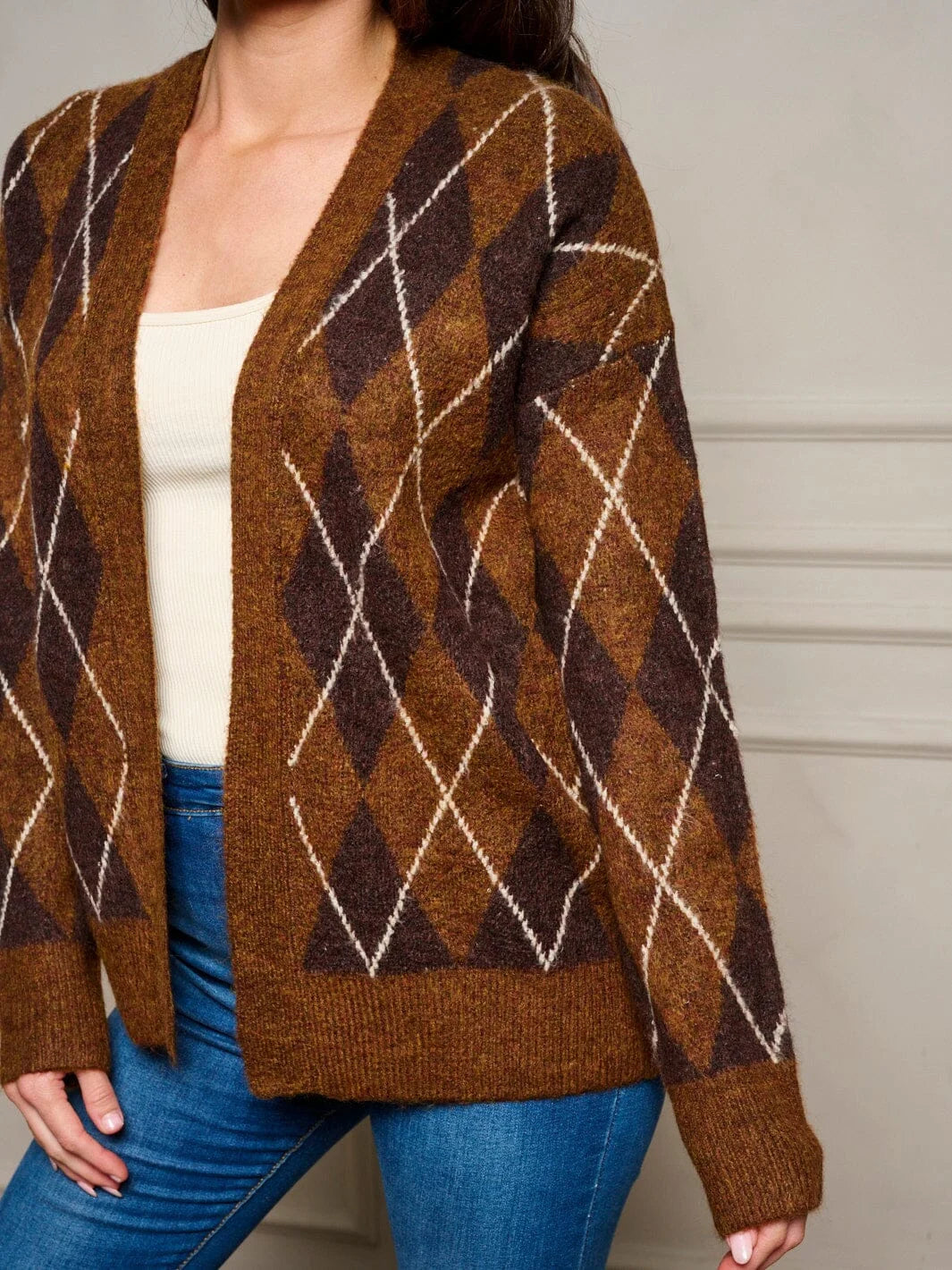 Brown argyle cardigan sweater, a stylish long sleeve sweater in chocolate brown