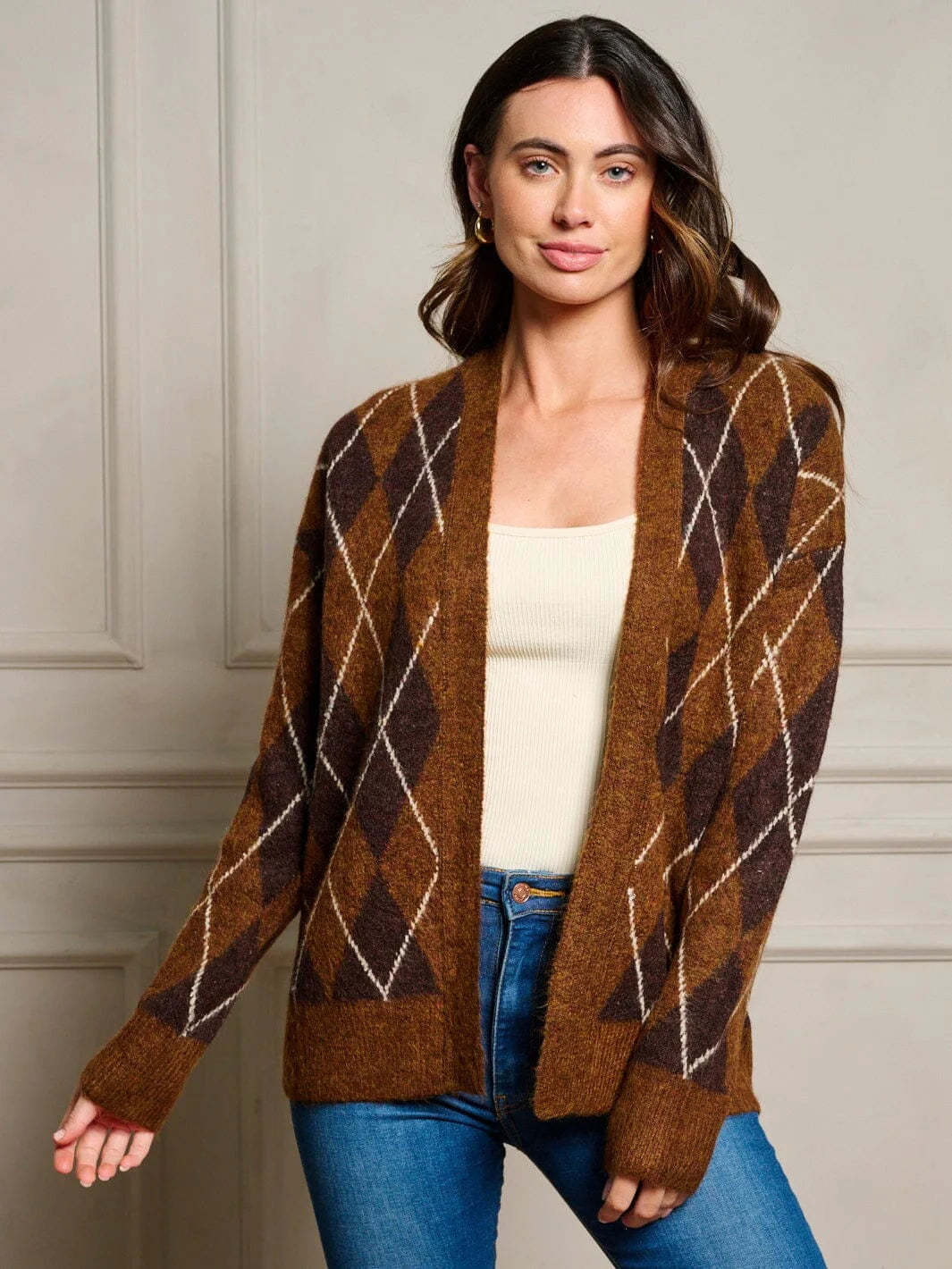 Brown argyle cardigan sweater, a stylish long sleeve chocolate brown sweater for layering