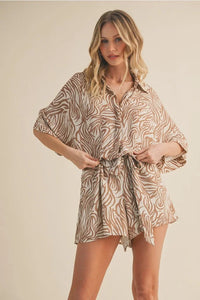 Brown and beige abstract print Zebra oversized shirt collar romper with tie waist