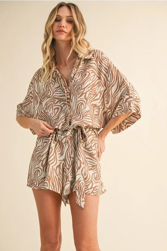 Zebra oversized shirt collar romper in brown beige animal print chiffon