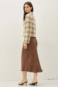 Fuzzy plaid collared crop cardigan featuring a brown and beige plaid long-sleeved shirt
