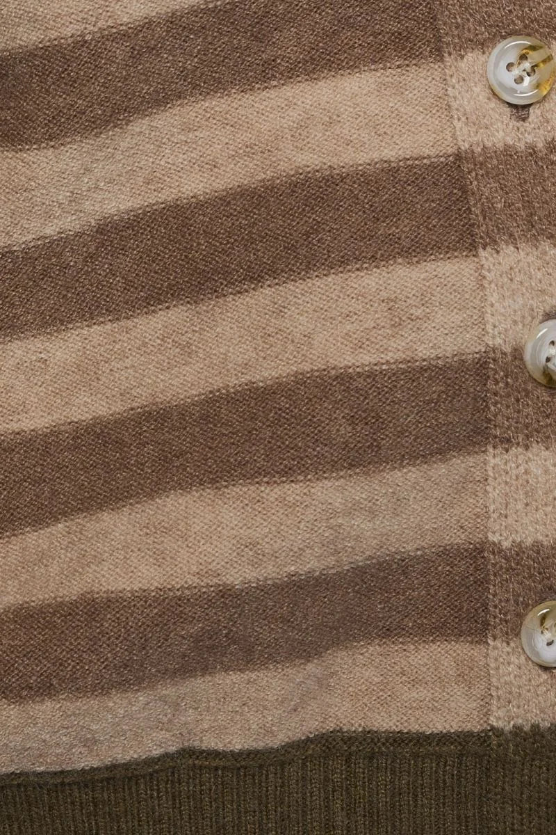 Long sleeve stripe knit cardigan in brown and beige with button closure