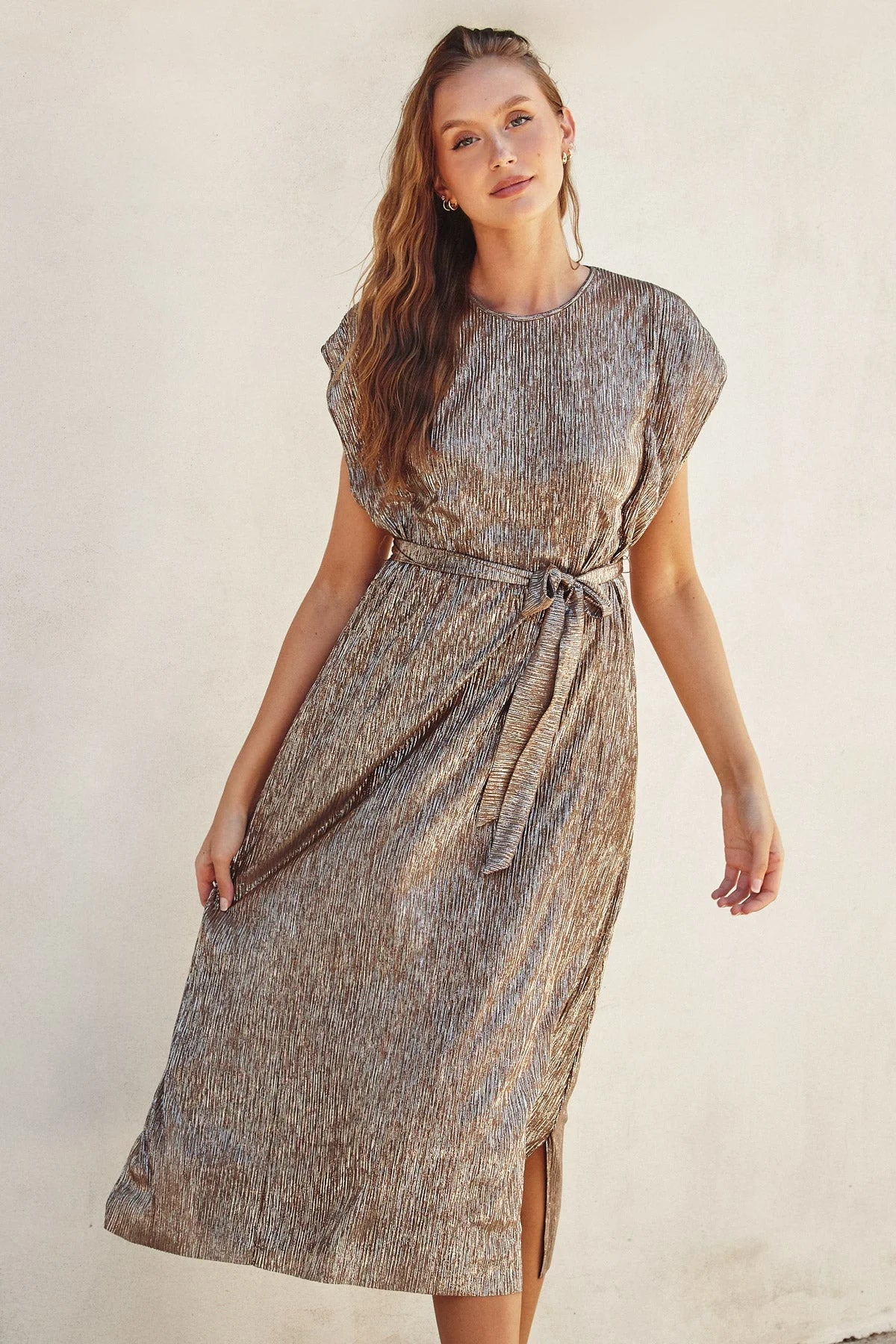Gold foiled cap sleeve maxi dress in brown beige textured fabric with side slit