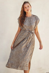 Gold foiled cap sleeve maxi dress in brown beige textured fabric with side slit