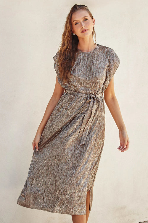 Gold foiled cap sleeve maxi dress in brown beige textured fabric with side slit
