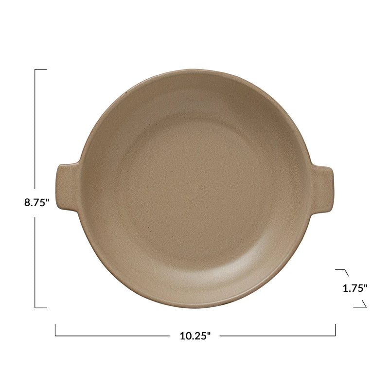 Brown ceramic frying pan with measurements, featuring STONEWARE PLATE HANDLES and REACTIVE GLAZE