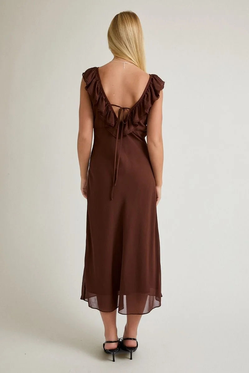 Brown chiffon ruffled bias maxi dress with open back and cap sleeves