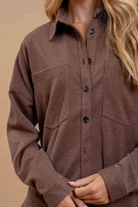 Brown corduroy oversized pinstripe button-up shirt with collar and chest pocket