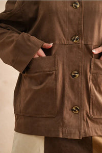 Brown suede button front jacket with pockets for women’s boho chic clothing