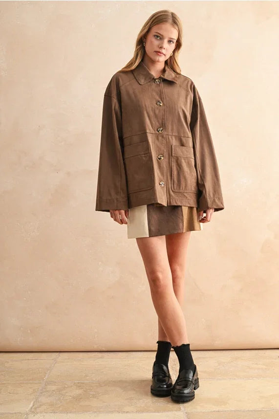Suede button front jacket in brown corduroy, women’s boho chic clothing